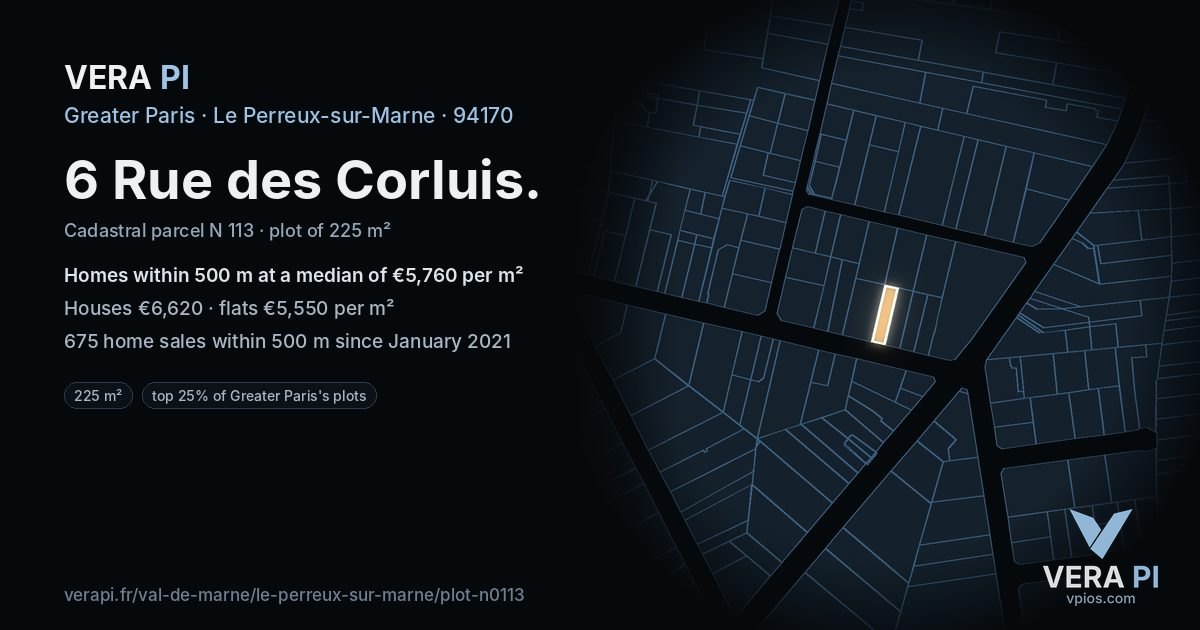 6 Rue des Corluis, Le Perreux-sur-Marne at night – the plot lit, the parcels around coloured by the prices near them