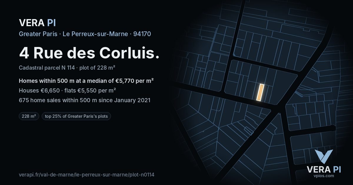 4 Rue des Corluis, Le Perreux-sur-Marne at night – the plot lit, the parcels around coloured by the prices near them