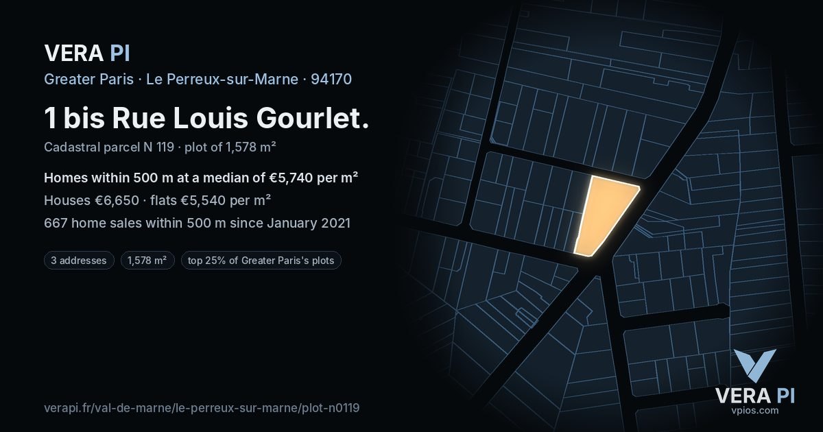 1 bis Rue Louis Gourlet, Le Perreux-sur-Marne at night – the plot lit, the parcels around coloured by the prices near them
