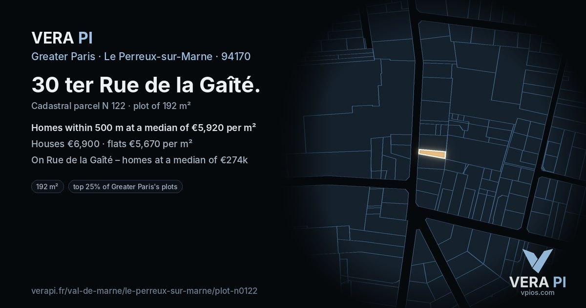 30 ter Rue de la Gaîté, Le Perreux-sur-Marne at night – the plot lit, the parcels around coloured by the prices near them