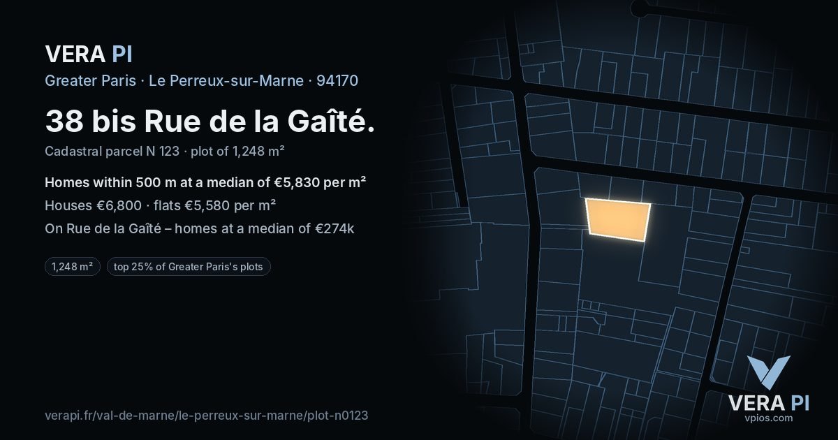 38 bis Rue de la Gaîté, Le Perreux-sur-Marne at night – the plot lit, the parcels around coloured by the prices near them