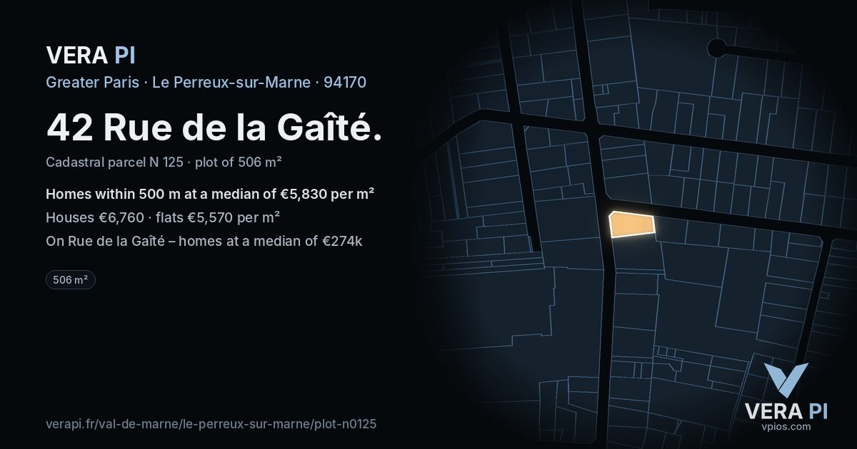 42 Rue de la Gaîté, Le Perreux-sur-Marne at night – the plot lit, the parcels around coloured by the prices near them