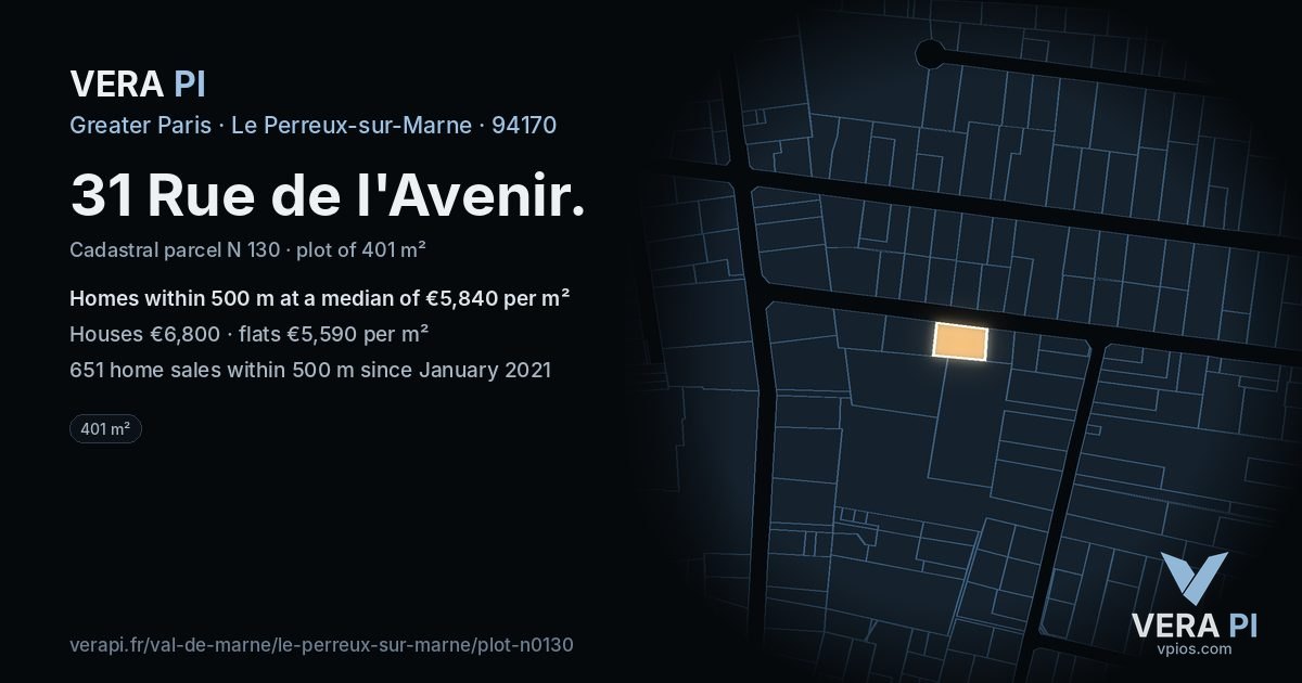 31 Rue de l'Avenir, Le Perreux-sur-Marne at night – the plot lit, the parcels around coloured by the prices near them