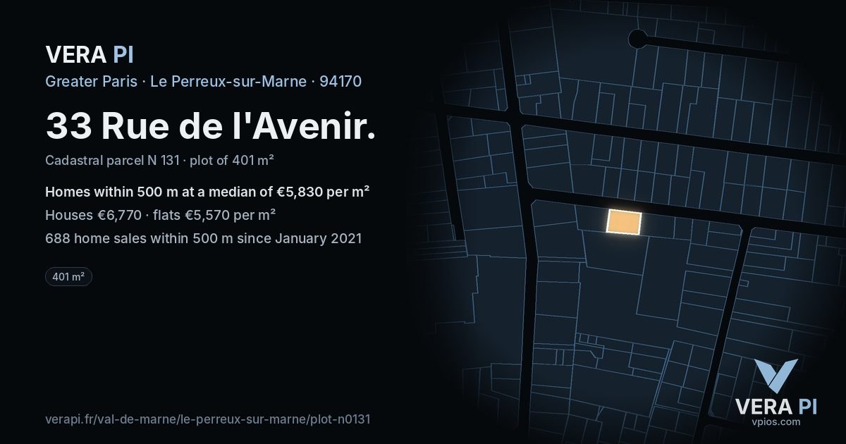 33 Rue de l'Avenir, Le Perreux-sur-Marne at night – the plot lit, the parcels around coloured by the prices near them
