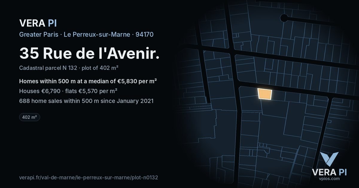 35 Rue de l'Avenir, Le Perreux-sur-Marne at night – the plot lit, the parcels around coloured by the prices near them