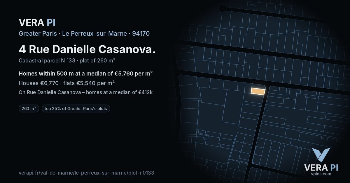4 Rue Danielle Casanova, Le Perreux-sur-Marne at night – the plot lit, the parcels around coloured by the prices near them