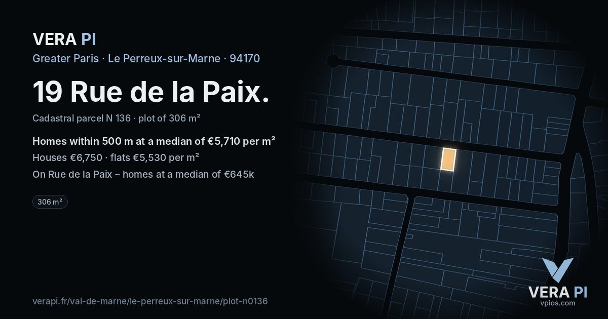 19 Rue de la Paix, Le Perreux-sur-Marne at night – the plot lit, the parcels around coloured by the prices near them