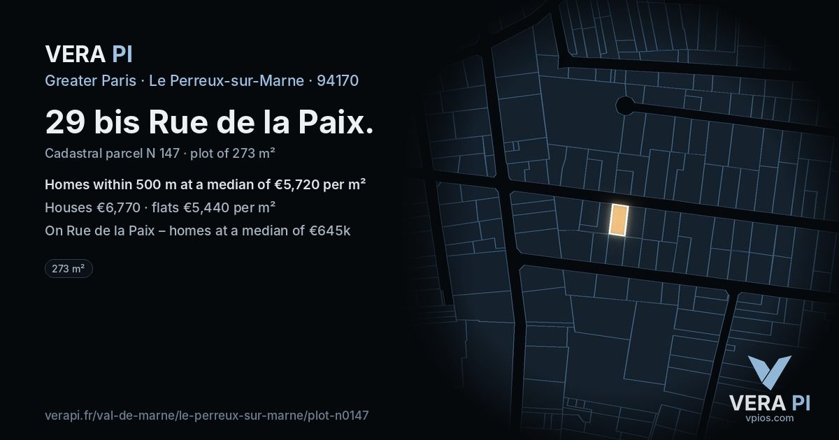 29 bis Rue de la Paix, Le Perreux-sur-Marne at night – the plot lit, the parcels around coloured by the prices near them