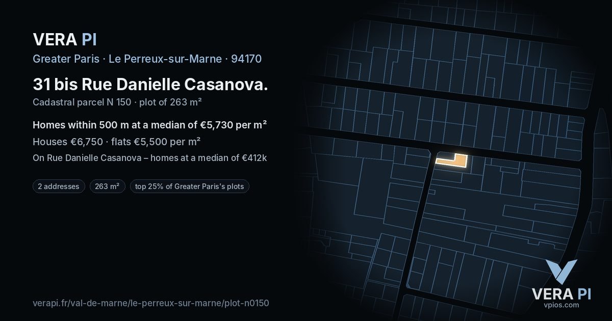31 bis Rue Danielle Casanova, Le Perreux-sur-Marne at night – the plot lit, the parcels around coloured by the prices near them