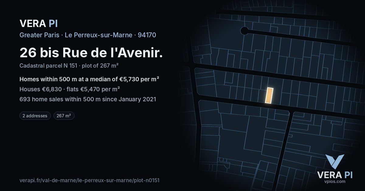 26 bis Rue de l'Avenir, Le Perreux-sur-Marne at night – the plot lit, the parcels around coloured by the prices near them