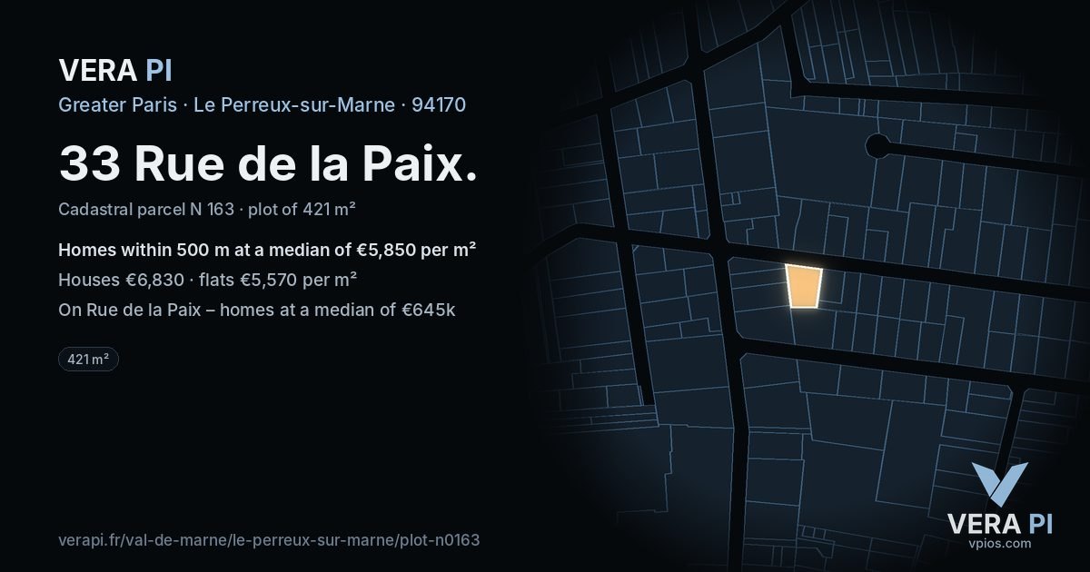 33 Rue de la Paix, Le Perreux-sur-Marne at night – the plot lit, the parcels around coloured by the prices near them