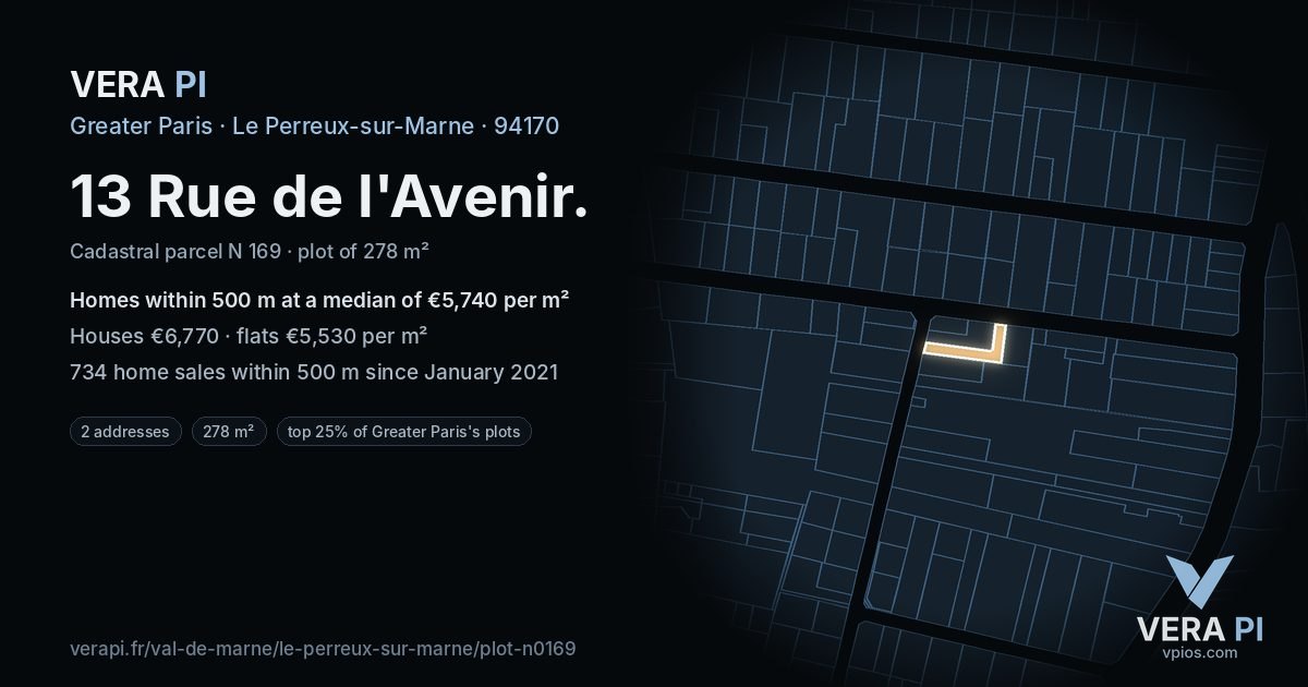 13 Rue de l'Avenir, Le Perreux-sur-Marne at night – the plot lit, the parcels around coloured by the prices near them