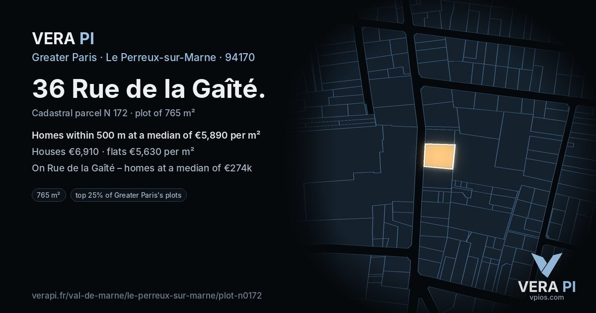 36 Rue de la Gaîté, Le Perreux-sur-Marne at night – the plot lit, the parcels around coloured by the prices near them
