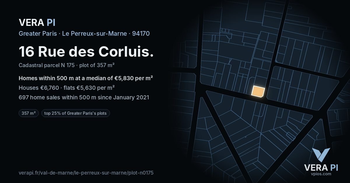 16 Rue des Corluis, Le Perreux-sur-Marne at night – the plot lit, the parcels around coloured by the prices near them