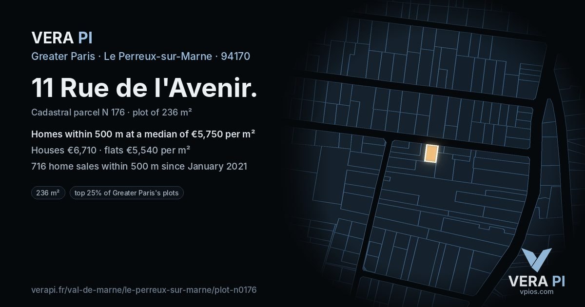 11 Rue de l'Avenir, Le Perreux-sur-Marne at night – the plot lit, the parcels around coloured by the prices near them