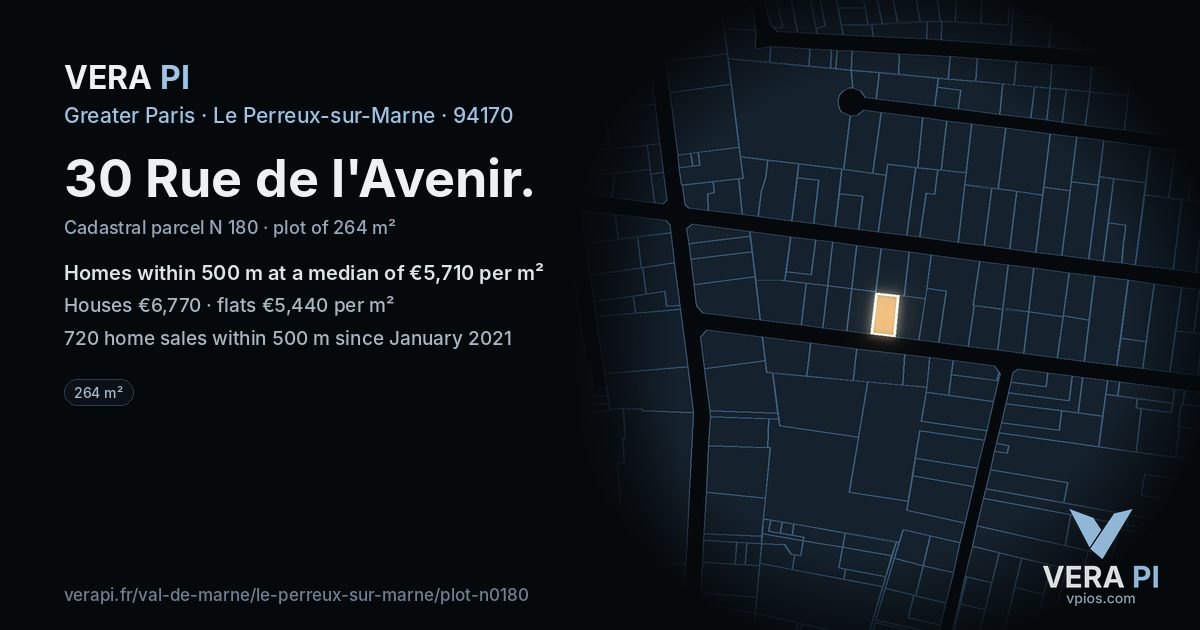 30 Rue de l'Avenir, Le Perreux-sur-Marne at night – the plot lit, the parcels around coloured by the prices near them
