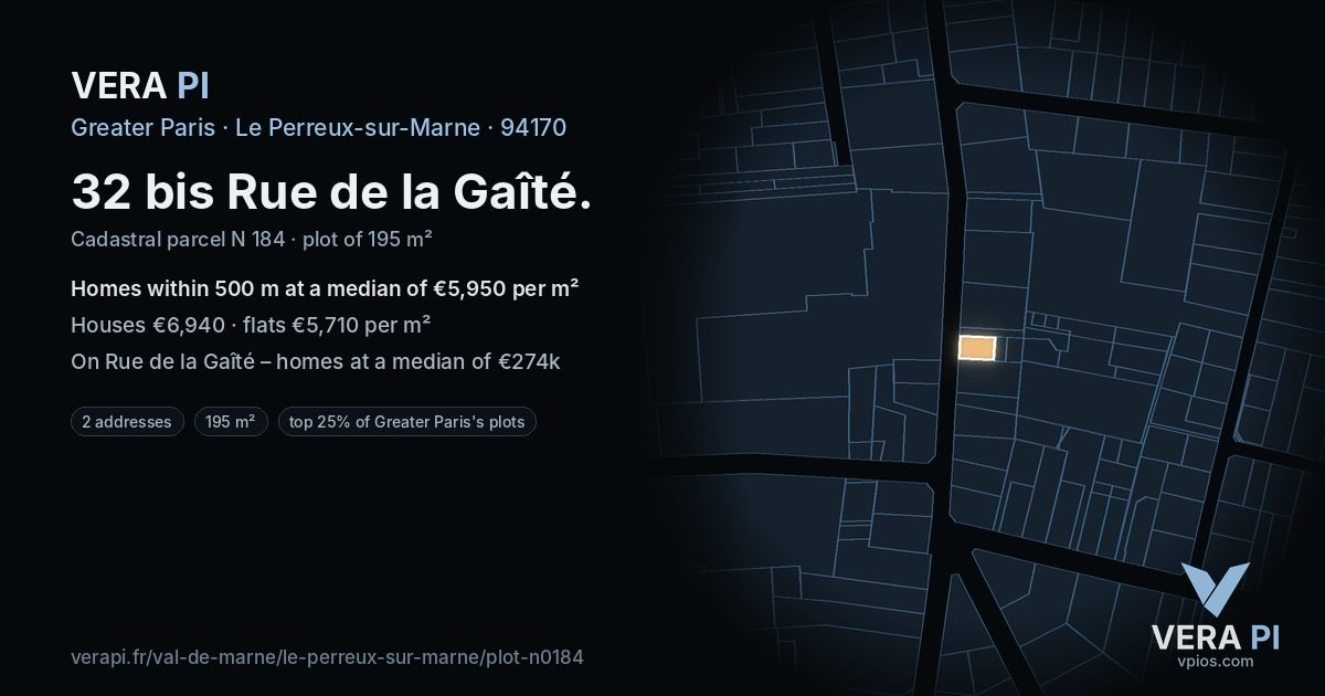 32 bis Rue de la Gaîté, Le Perreux-sur-Marne at night – the plot lit, the parcels around coloured by the prices near them