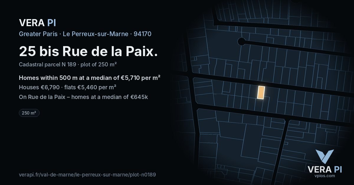 25 bis Rue de la Paix, Le Perreux-sur-Marne at night – the plot lit, the parcels around coloured by the prices near them
