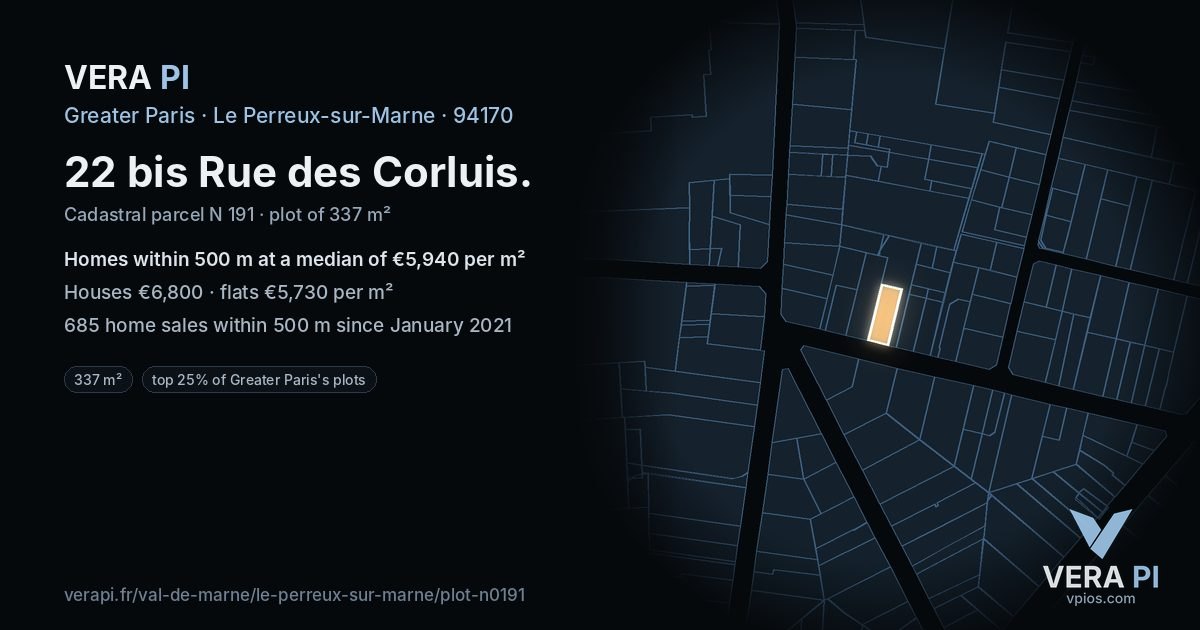 22 bis Rue des Corluis, Le Perreux-sur-Marne at night – the plot lit, the parcels around coloured by the prices near them