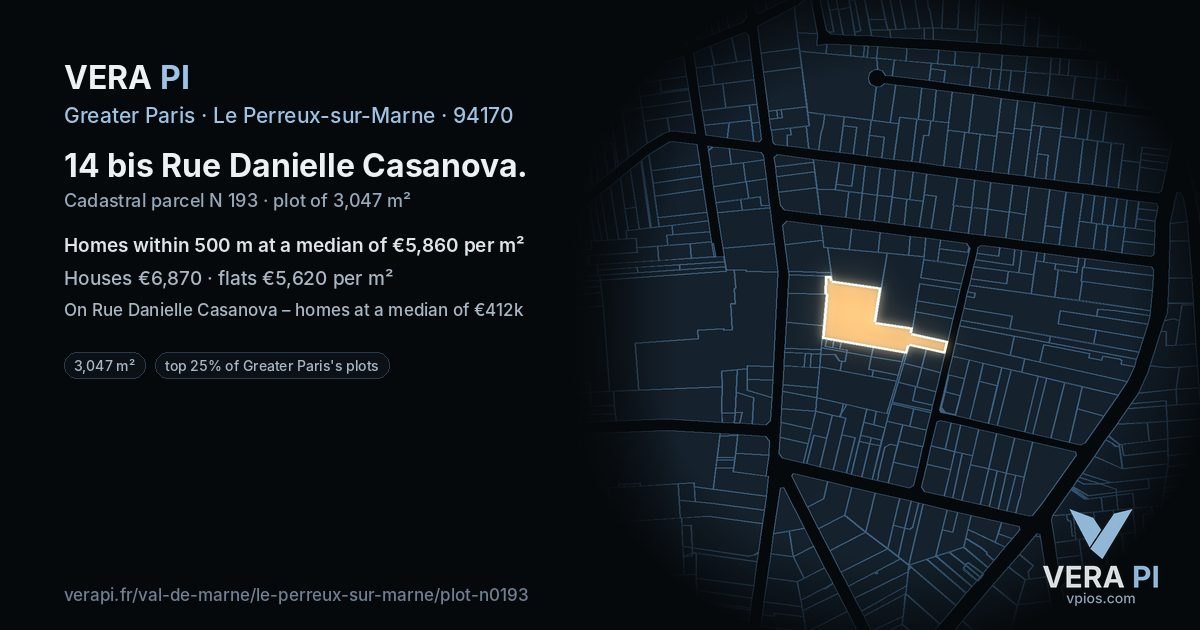 14 bis Rue Danielle Casanova, Le Perreux-sur-Marne at night – the plot lit, the parcels around coloured by the prices near them