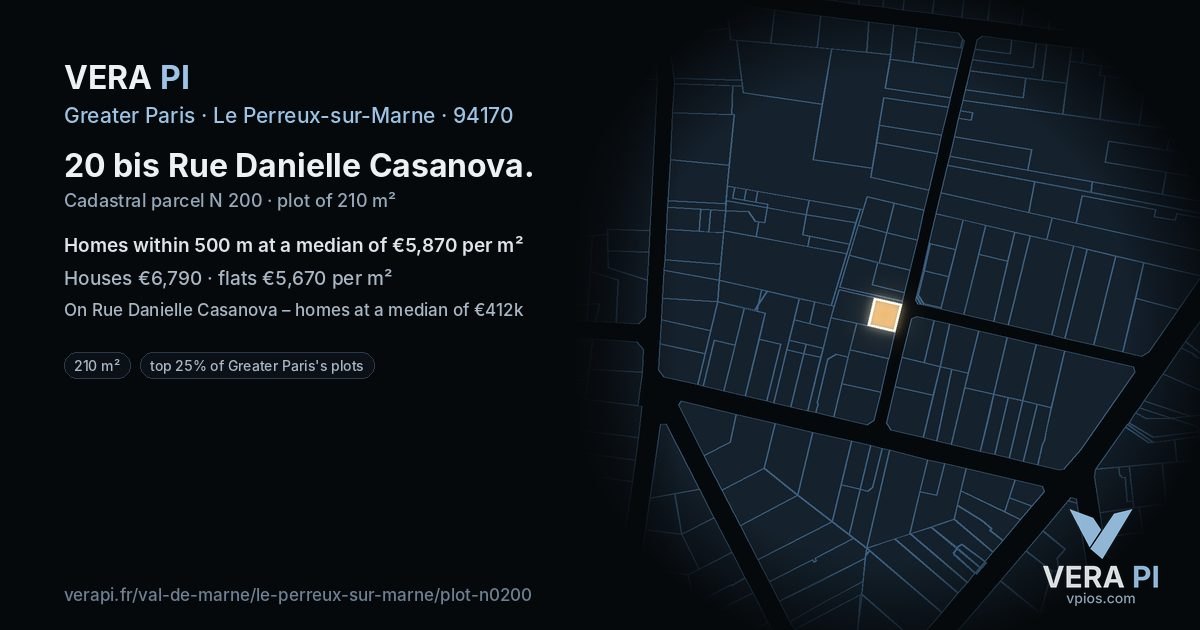 20 bis Rue Danielle Casanova, Le Perreux-sur-Marne at night – the plot lit, the parcels around coloured by the prices near them