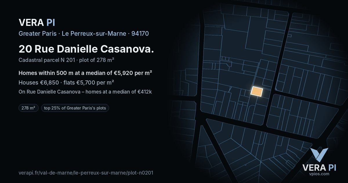 20 Rue Danielle Casanova, Le Perreux-sur-Marne at night – the plot lit, the parcels around coloured by the prices near them