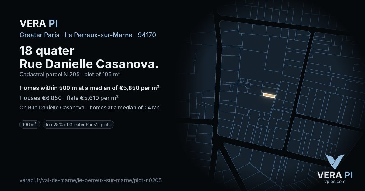 18 quater Rue Danielle Casanova, Le Perreux-sur-Marne at night – the plot lit, the parcels around coloured by the prices near them