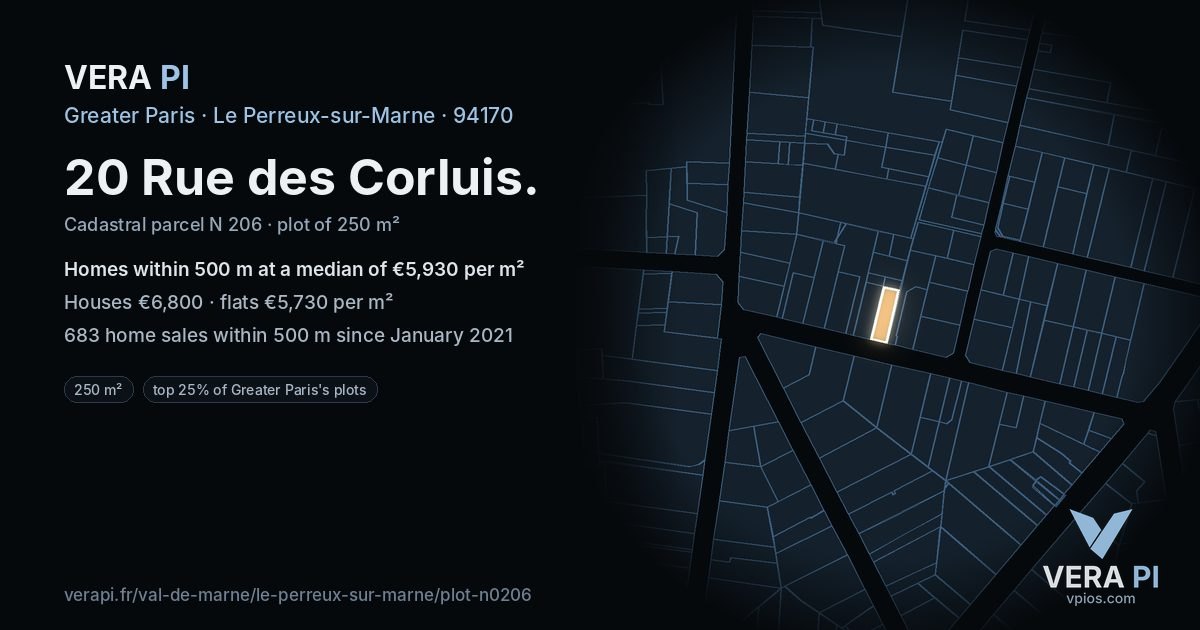 20 Rue des Corluis, Le Perreux-sur-Marne at night – the plot lit, the parcels around coloured by the prices near them