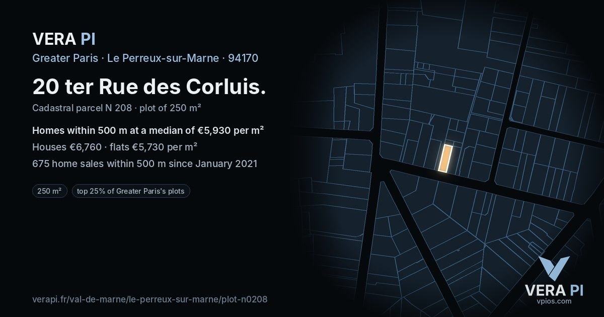 20 ter Rue des Corluis, Le Perreux-sur-Marne at night – the plot lit, the parcels around coloured by the prices near them