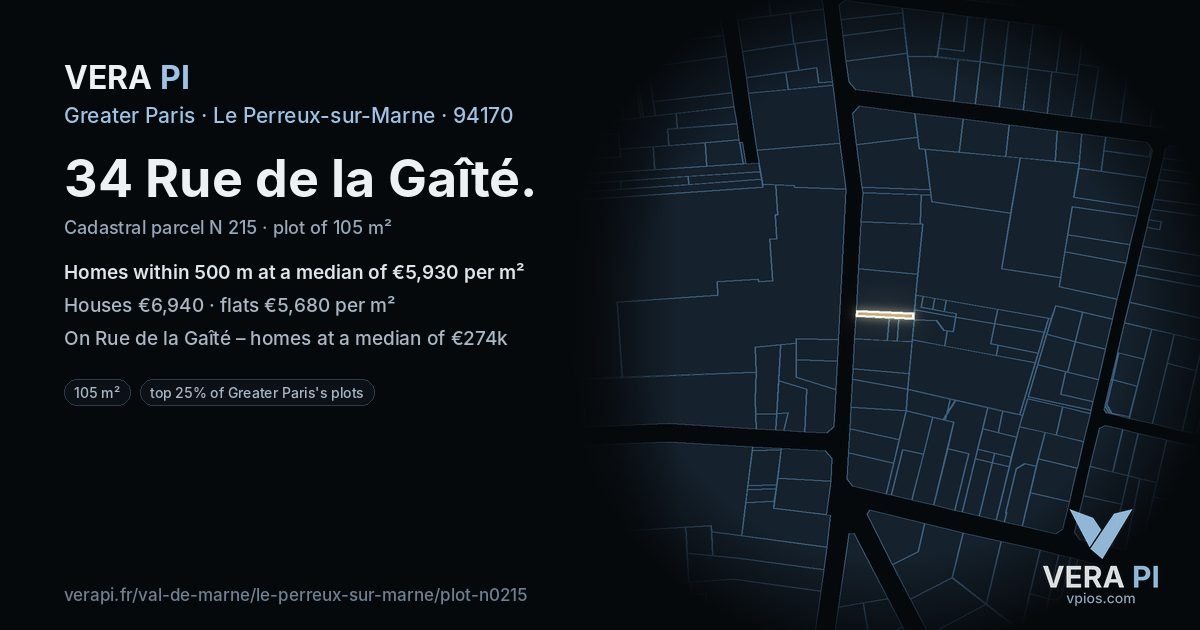 34 Rue de la Gaîté, Le Perreux-sur-Marne at night – the plot lit, the parcels around coloured by the prices near them