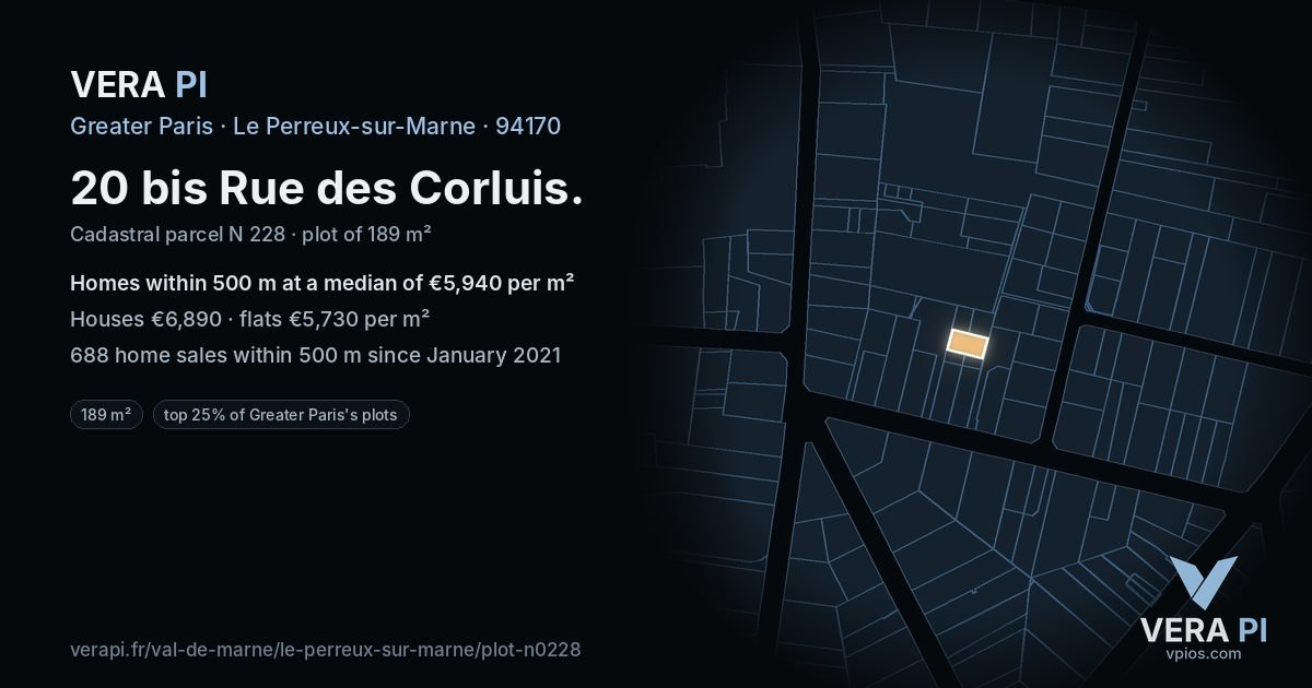 20 bis Rue des Corluis, Le Perreux-sur-Marne at night – the plot lit, the parcels around coloured by the prices near them