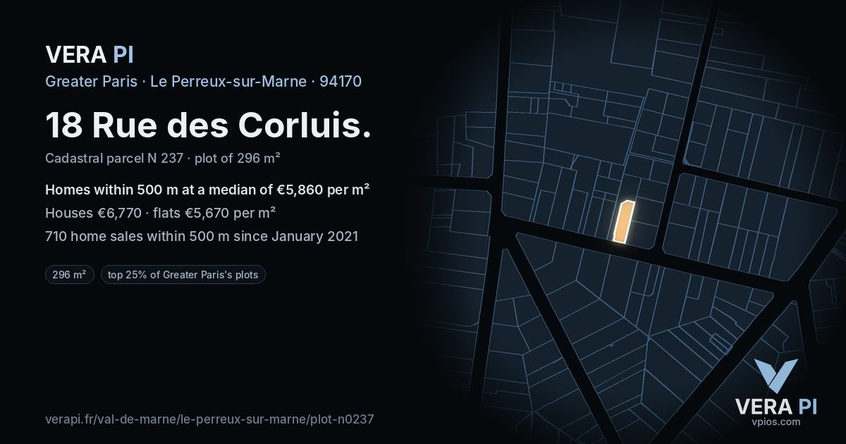 18 Rue des Corluis, Le Perreux-sur-Marne at night – the plot lit, the parcels around coloured by the prices near them