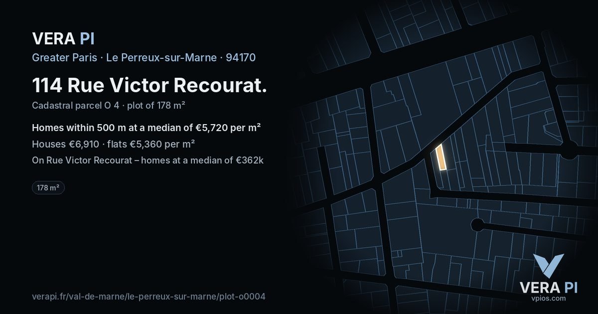 114 Rue Victor Recourat, Le Perreux-sur-Marne at night – the plot lit, the parcels around coloured by the prices near them