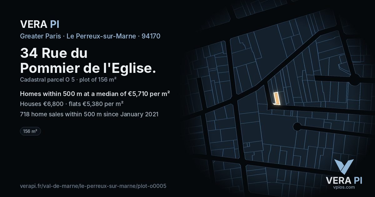 34 Rue du Pommier de l'Eglise, Le Perreux-sur-Marne at night – the plot lit, the parcels around coloured by the prices near them