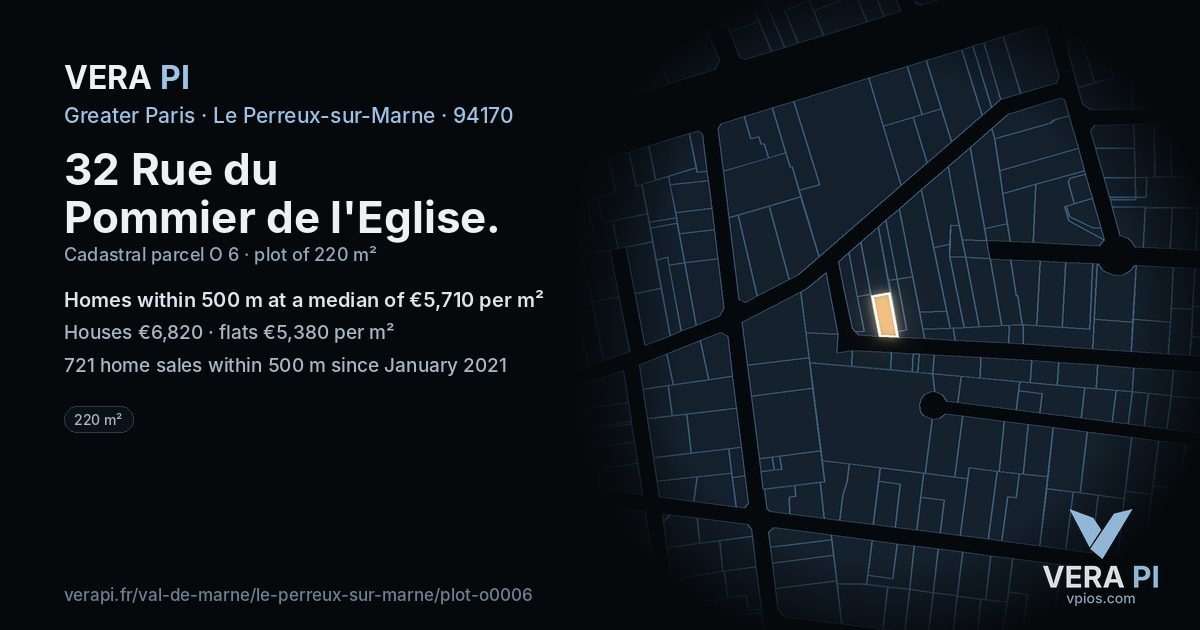 32 Rue du Pommier de l'Eglise, Le Perreux-sur-Marne at night – the plot lit, the parcels around coloured by the prices near them