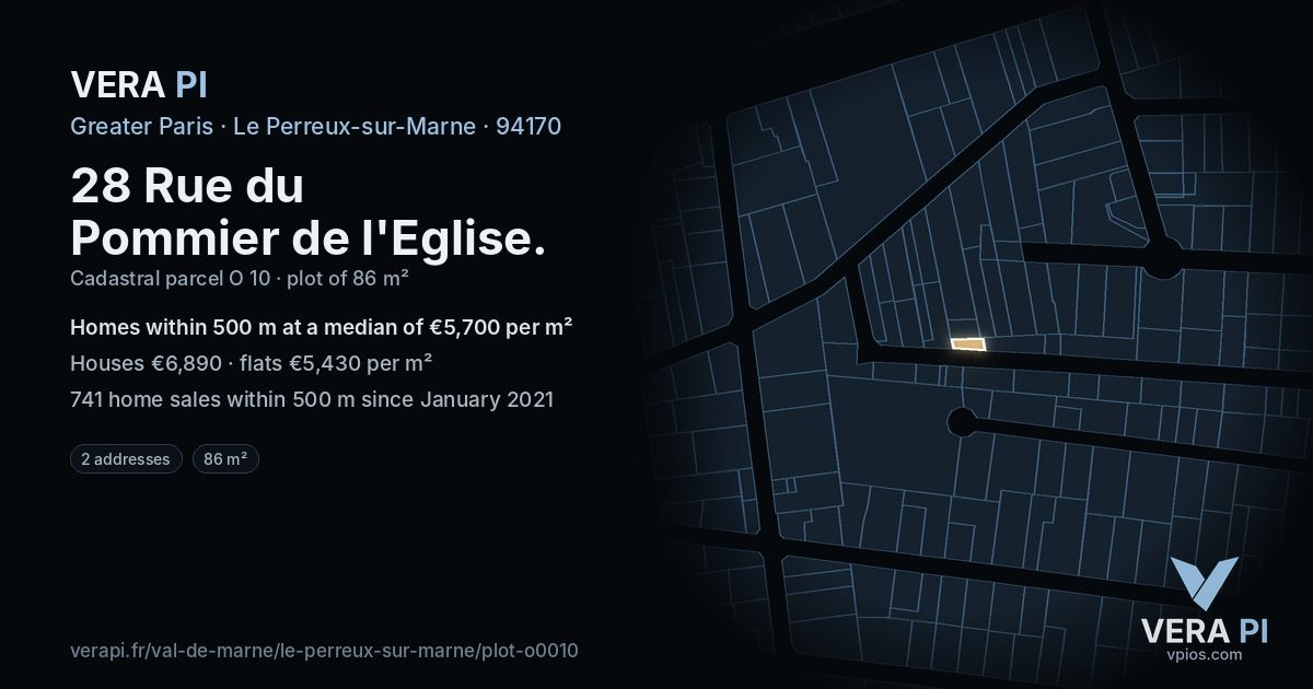 28 Rue du Pommier de l'Eglise, Le Perreux-sur-Marne at night – the plot lit, the parcels around coloured by the prices near them