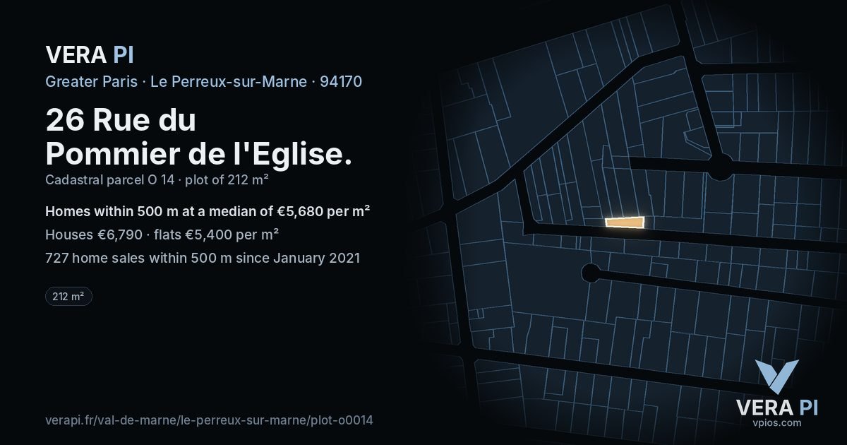 26 Rue du Pommier de l'Eglise, Le Perreux-sur-Marne at night – the plot lit, the parcels around coloured by the prices near them