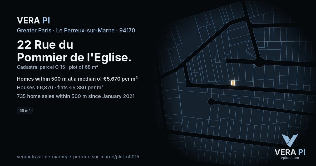 22 Rue du Pommier de l'Eglise, Le Perreux-sur-Marne at night – the plot lit, the parcels around coloured by the prices near them
