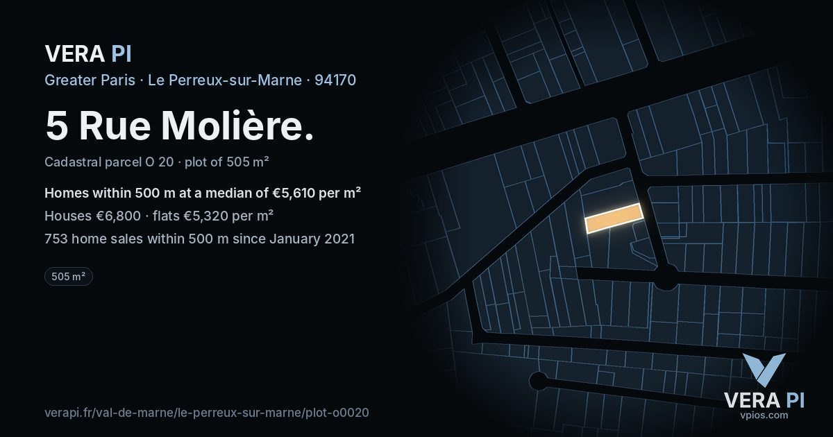 5 Rue Molière, Le Perreux-sur-Marne at night – the plot lit, the parcels around coloured by the prices near them