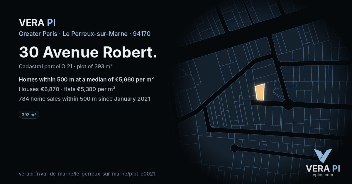 30 Avenue Robert, Le Perreux-sur-Marne at night – the plot lit, the parcels around coloured by the prices near them