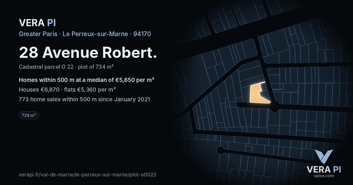 28 Avenue Robert, Le Perreux-sur-Marne at night – the plot lit, the parcels around coloured by the prices near them