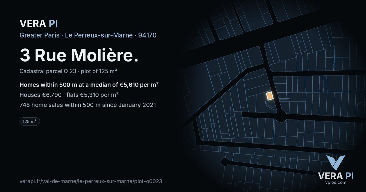3 Rue Molière, Le Perreux-sur-Marne at night – the plot lit, the parcels around coloured by the prices near them