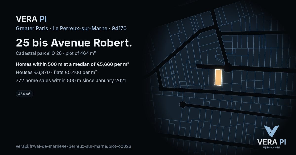 25 bis Avenue Robert, Le Perreux-sur-Marne at night – the plot lit, the parcels around coloured by the prices near them