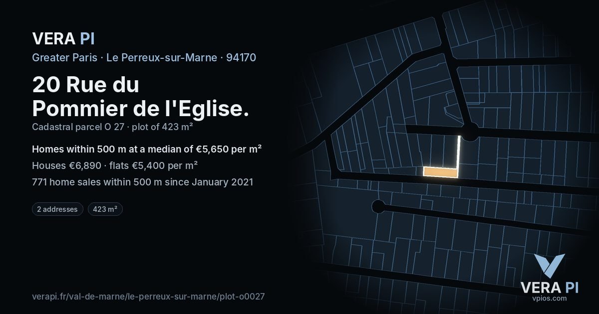 20 Rue du Pommier de l'Eglise, Le Perreux-sur-Marne at night – the plot lit, the parcels around coloured by the prices near them