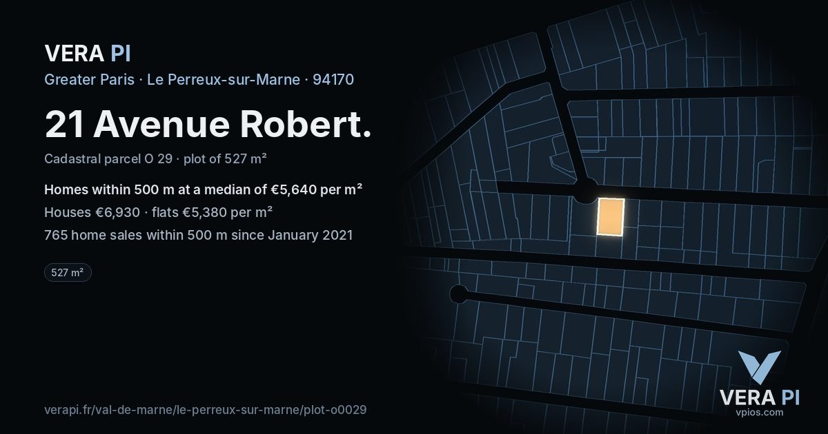 21 Avenue Robert, Le Perreux-sur-Marne at night – the plot lit, the parcels around coloured by the prices near them