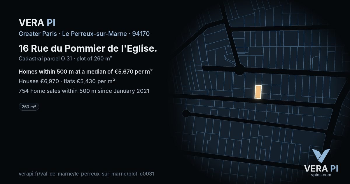 16 Rue du Pommier de l'Eglise, Le Perreux-sur-Marne at night – the plot lit, the parcels around coloured by the prices near them