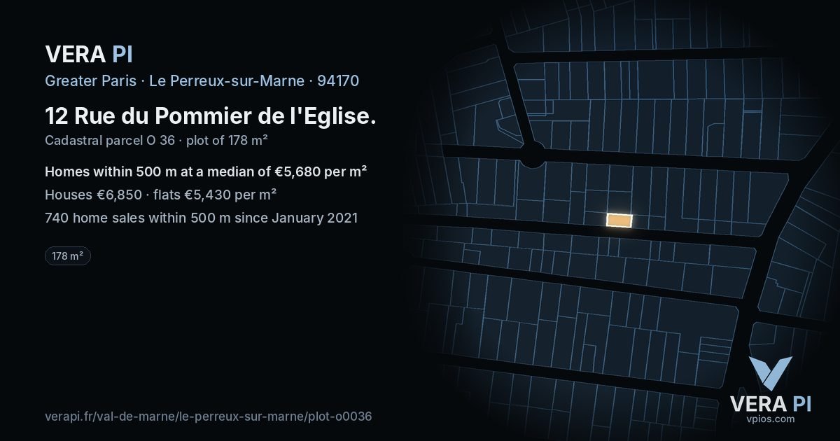 12 Rue du Pommier de l'Eglise, Le Perreux-sur-Marne at night – the plot lit, the parcels around coloured by the prices near them