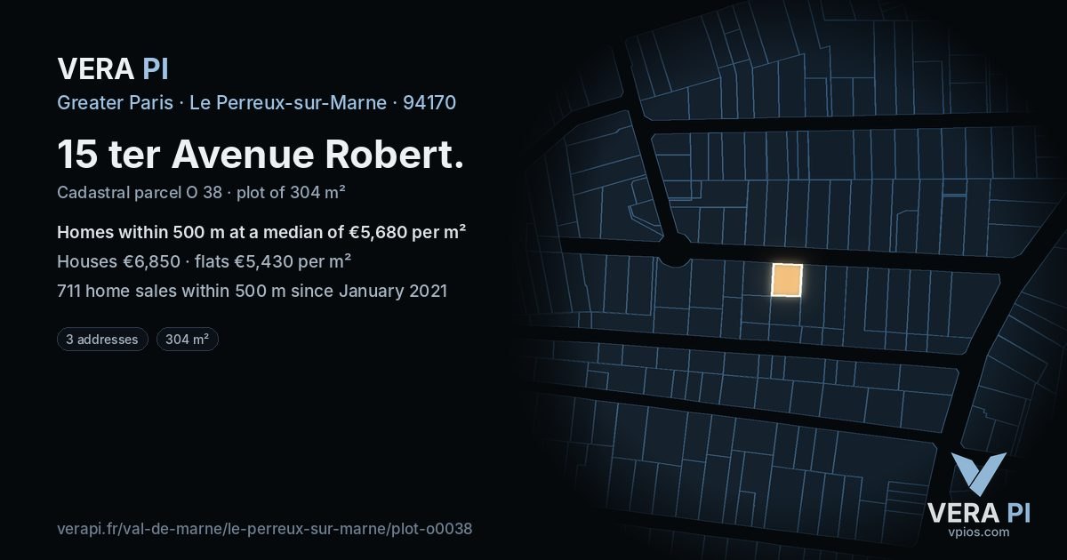 15 ter Avenue Robert, Le Perreux-sur-Marne at night – the plot lit, the parcels around coloured by the prices near them