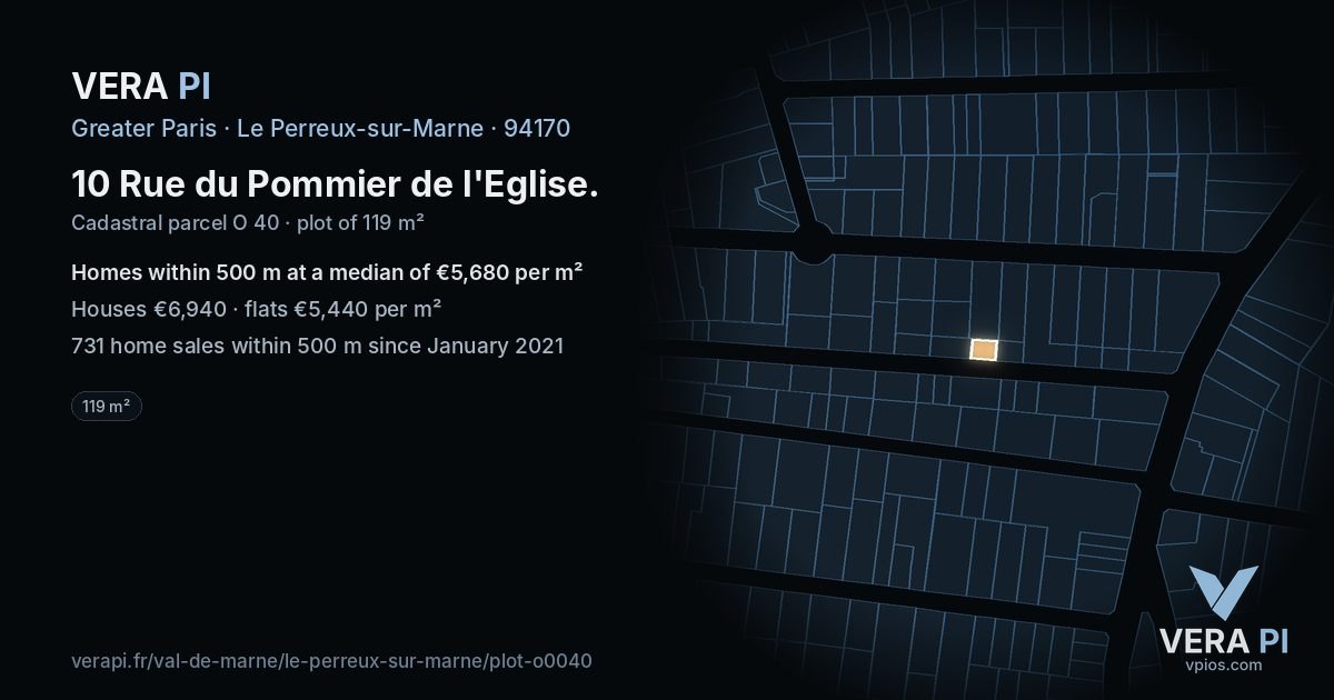 10 Rue du Pommier de l'Eglise, Le Perreux-sur-Marne at night – the plot lit, the parcels around coloured by the prices near them
