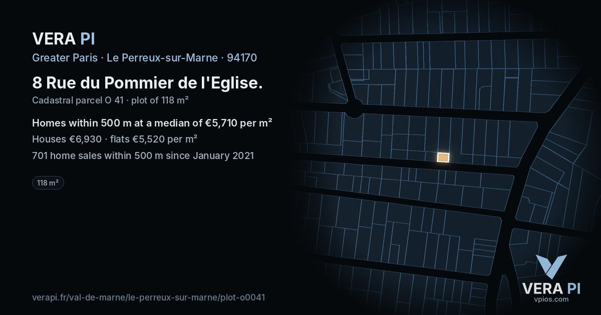 8 Rue du Pommier de l'Eglise, Le Perreux-sur-Marne at night – the plot lit, the parcels around coloured by the prices near them